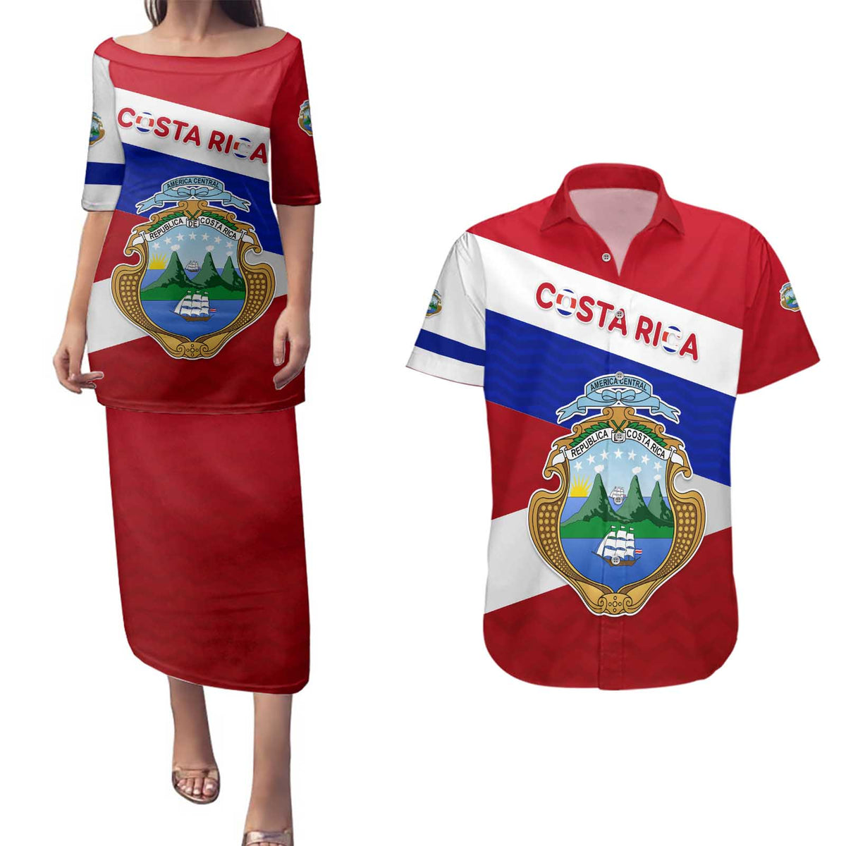 Costa Rica Flag Couples Matching Puletasi and Hawaiian Shirt Red White Blue with National Coat of Arms and Shield Design - Wonder Print Shop