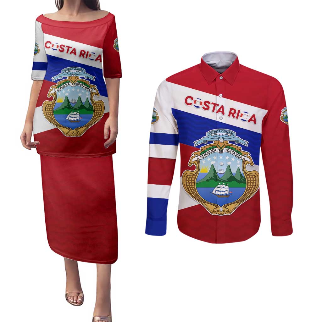 Costa Rica Flag Couples Matching Puletasi and Long Sleeve Button Shirt Red White Blue with National Coat of Arms and Shield Design - Wonder Print Shop