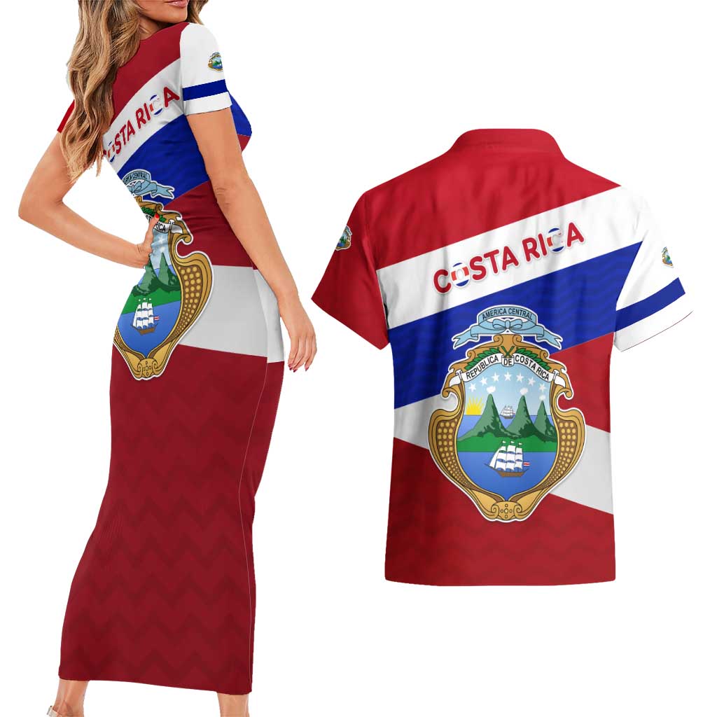 Costa Rica Flag Couples Matching Short Sleeve Bodycon Dress and Hawaiian Shirt Red White Blue with National Coat of Arms and Shield Design - Wonder Print Shop