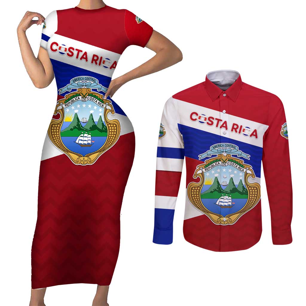 Costa Rica Flag Couples Matching Short Sleeve Bodycon Dress and Long Sleeve Button Shirt Red White Blue with National Coat of Arms and Shield Design - Wonder Print Shop