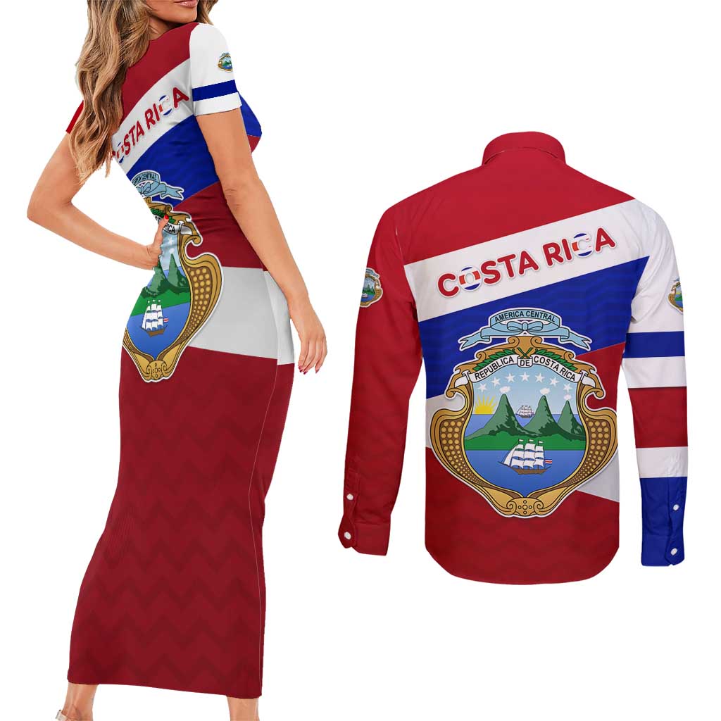 Costa Rica Flag Couples Matching Short Sleeve Bodycon Dress and Long Sleeve Button Shirt Red White Blue with National Coat of Arms and Shield Design - Wonder Print Shop