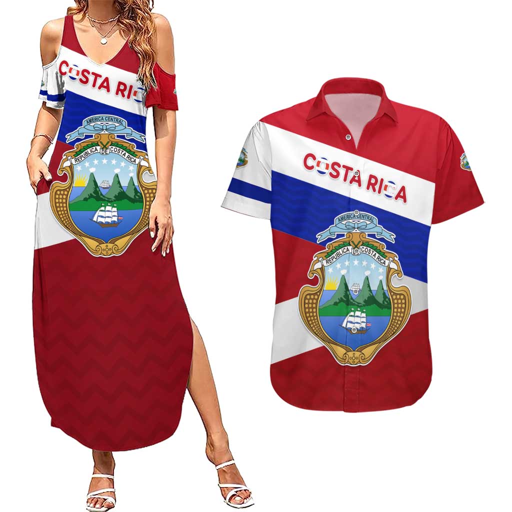 Costa Rica Flag Couples Matching Summer Maxi Dress and Hawaiian Shirt Red White Blue with National Coat of Arms and Shield Design - Wonder Print Shop