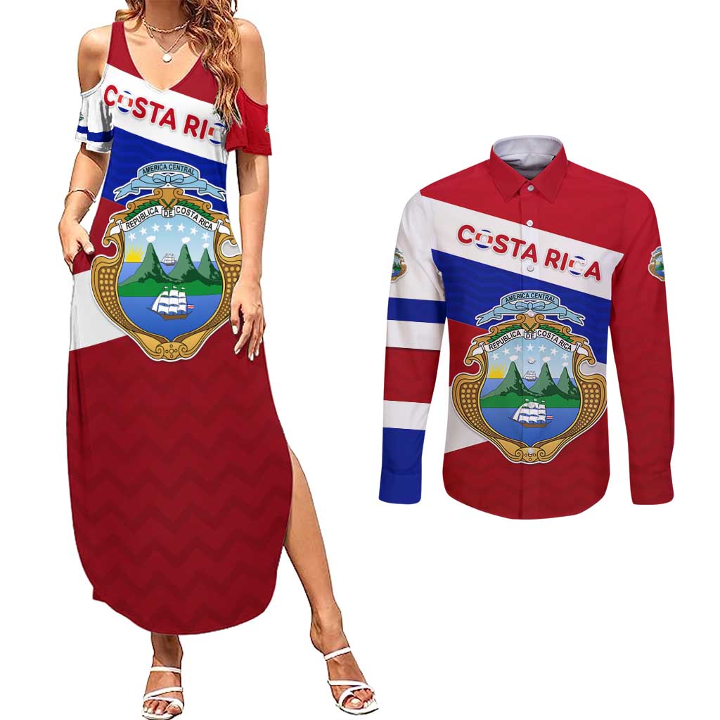 Costa Rica Flag Couples Matching Summer Maxi Dress and Long Sleeve Button Shirt Red White Blue with National Coat of Arms and Shield Design - Wonder Print Shop