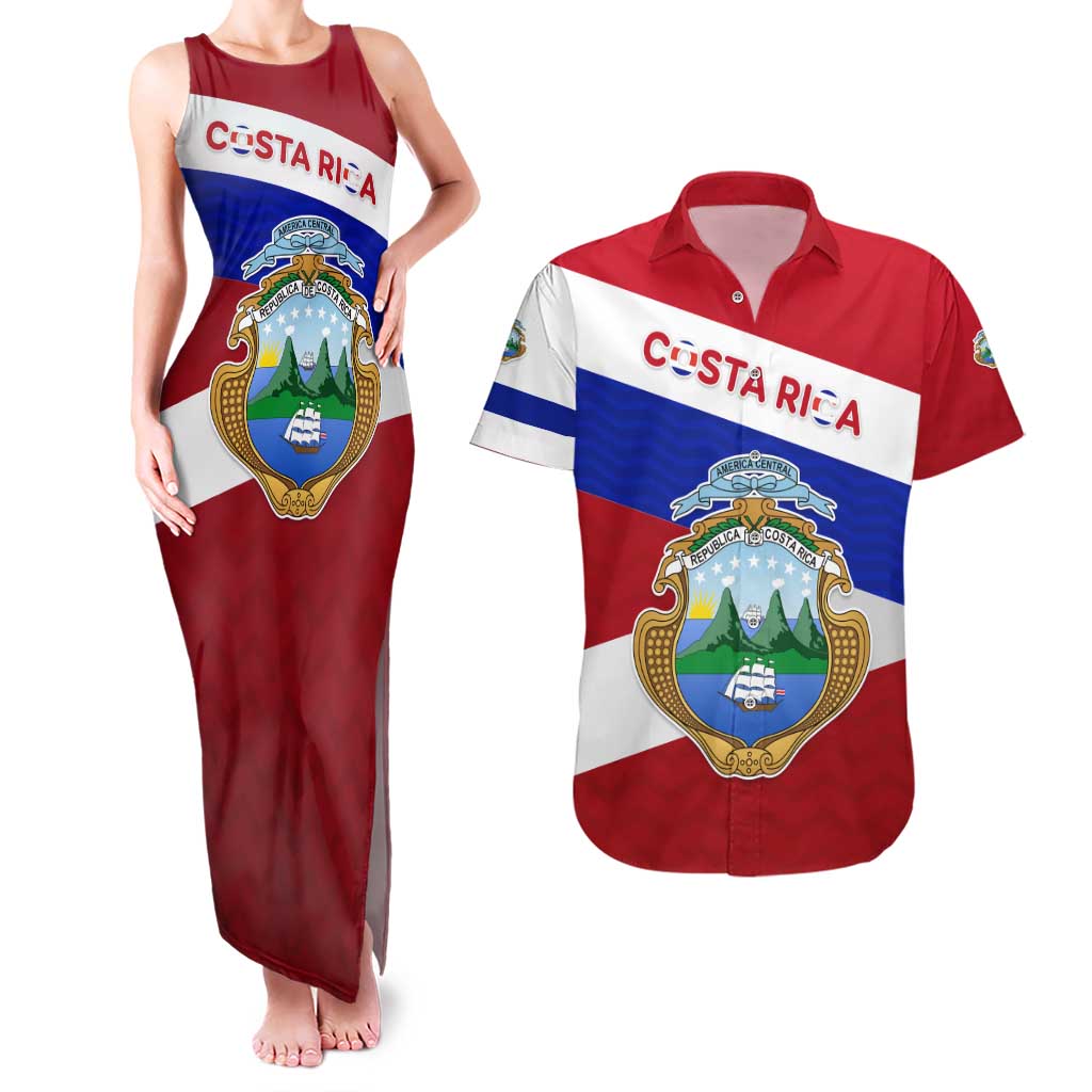 Costa Rica Flag Couples Matching Tank Maxi Dress and Hawaiian Shirt Red White Blue with National Coat of Arms and Shield Design - Wonder Print Shop