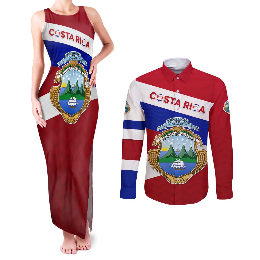Costa Rica Flag Couples Matching Tank Maxi Dress and Long Sleeve Button Shirt Red White Blue with National Coat of Arms and Shield Design - Wonder Print Shop