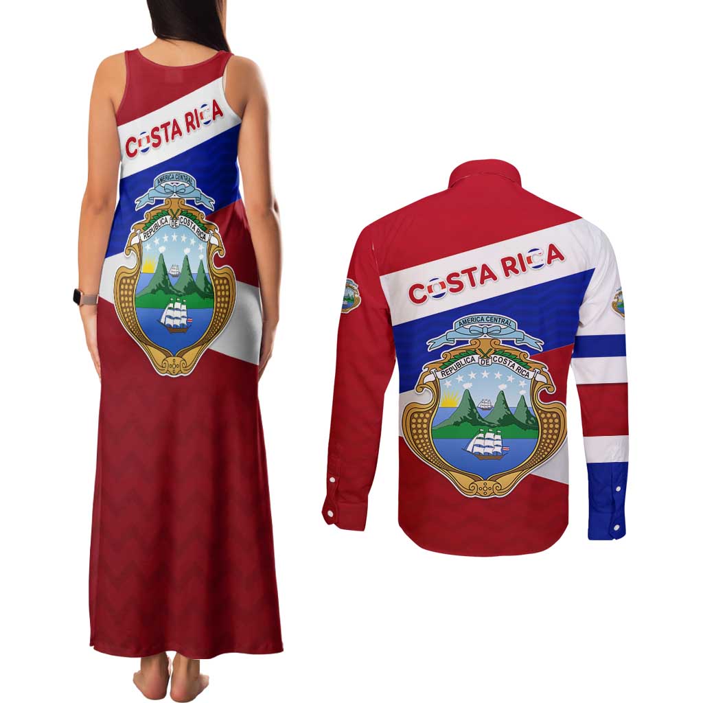 Costa Rica Flag Couples Matching Tank Maxi Dress and Long Sleeve Button Shirt Red White Blue with National Coat of Arms and Shield Design - Wonder Print Shop