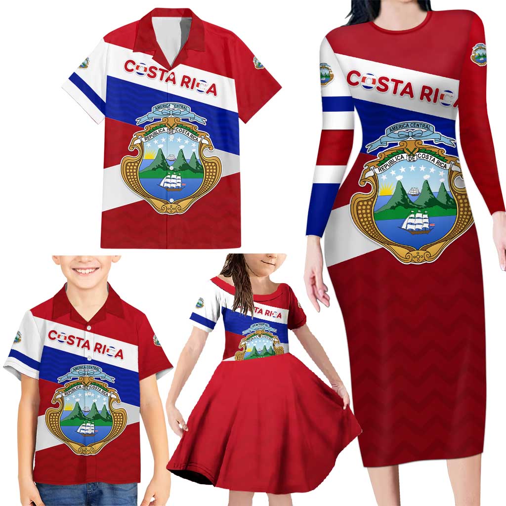 Costa Rica Flag Family Matching Long Sleeve Bodycon Dress and Hawaiian Shirt Red White Blue with National Coat of Arms and Shield Design - Wonder Print Shop