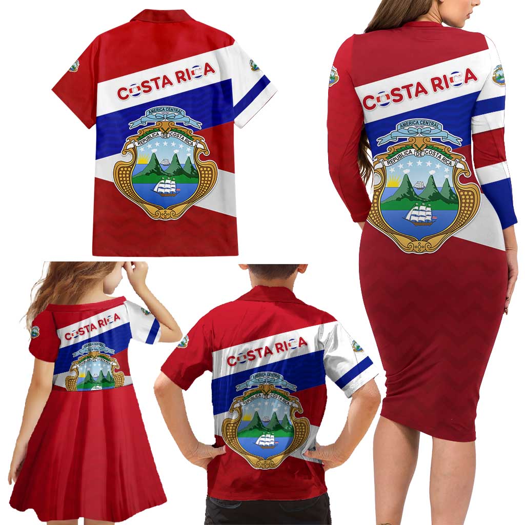 Costa Rica Flag Family Matching Long Sleeve Bodycon Dress and Hawaiian Shirt Red White Blue with National Coat of Arms and Shield Design - Wonder Print Shop