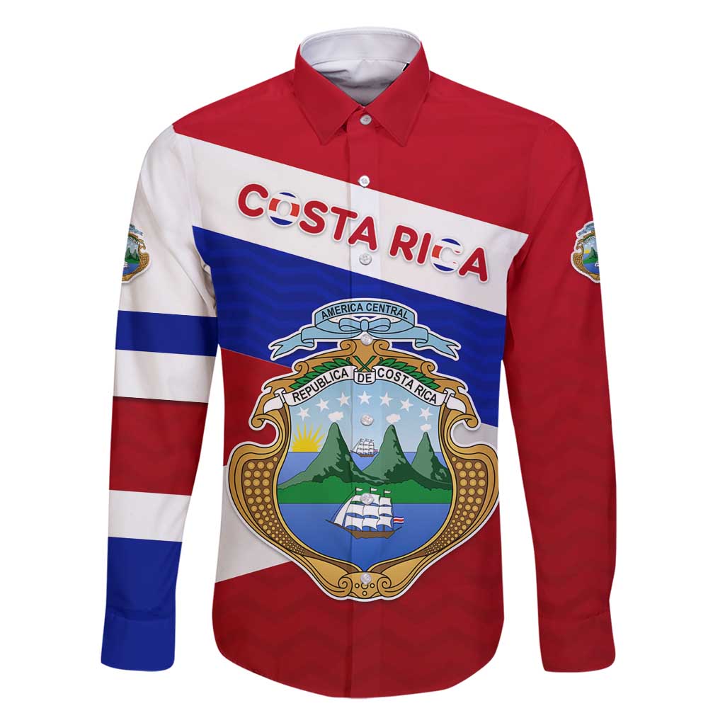 Costa Rica Flag Family Matching Long Sleeve Bodycon Dress and Hawaiian Shirt Red White Blue with National Coat of Arms and Shield Design - Wonder Print Shop