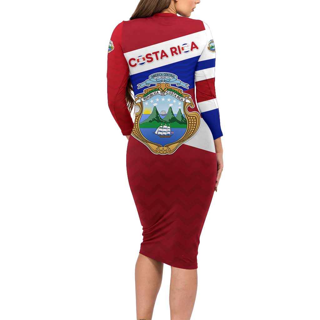 Costa Rica Flag Family Matching Long Sleeve Bodycon Dress and Hawaiian Shirt Red White Blue with National Coat of Arms and Shield Design - Wonder Print Shop