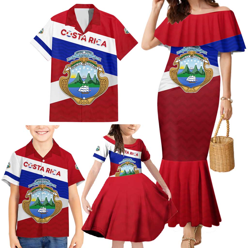 Costa Rica Flag Family Matching Mermaid Dress and Hawaiian Shirt Red White Blue with National Coat of Arms and Shield Design - Wonder Print Shop