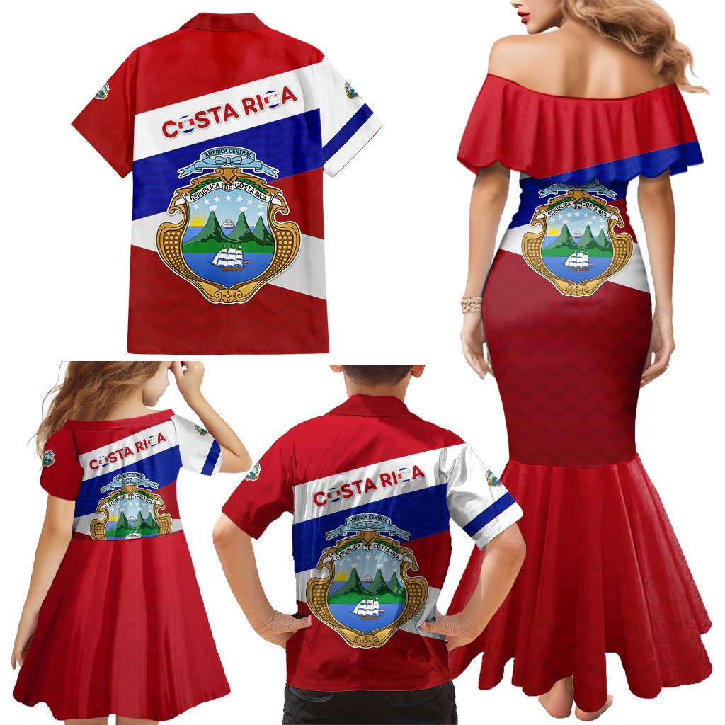 Costa Rica Flag Family Matching Mermaid Dress and Hawaiian Shirt Red White Blue with National Coat of Arms and Shield Design - Wonder Print Shop