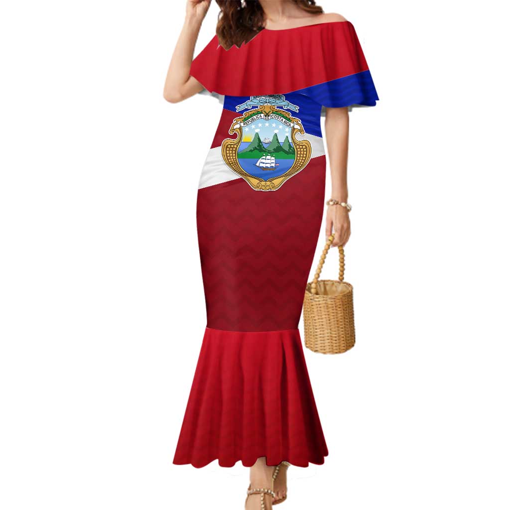 Costa Rica Flag Family Matching Mermaid Dress and Hawaiian Shirt Red White Blue with National Coat of Arms and Shield Design - Wonder Print Shop