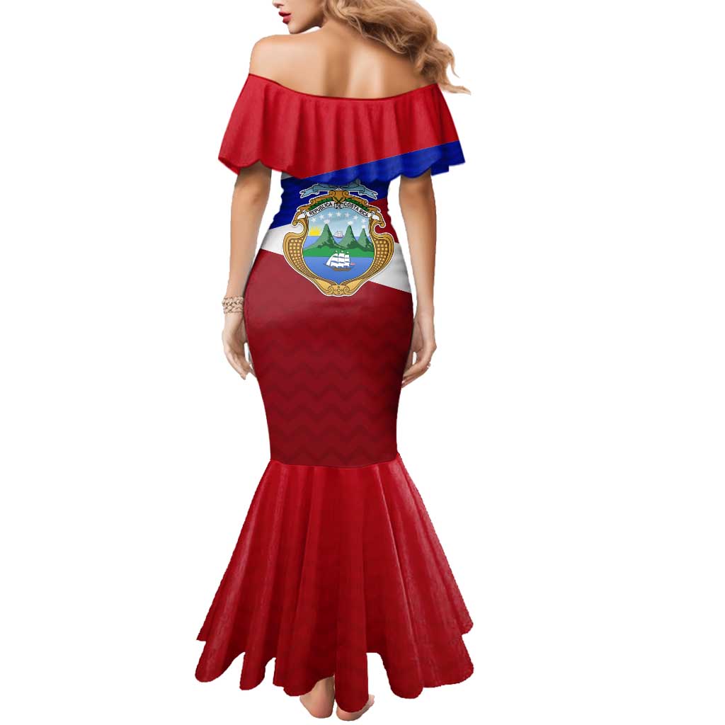 Costa Rica Flag Family Matching Mermaid Dress and Hawaiian Shirt Red White Blue with National Coat of Arms and Shield Design - Wonder Print Shop