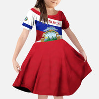 Costa Rica Flag Family Matching Off The Shoulder Long Sleeve Dress and Hawaiian Shirt Red White Blue with National Coat of Arms and Shield Design - Wonder Print Shop