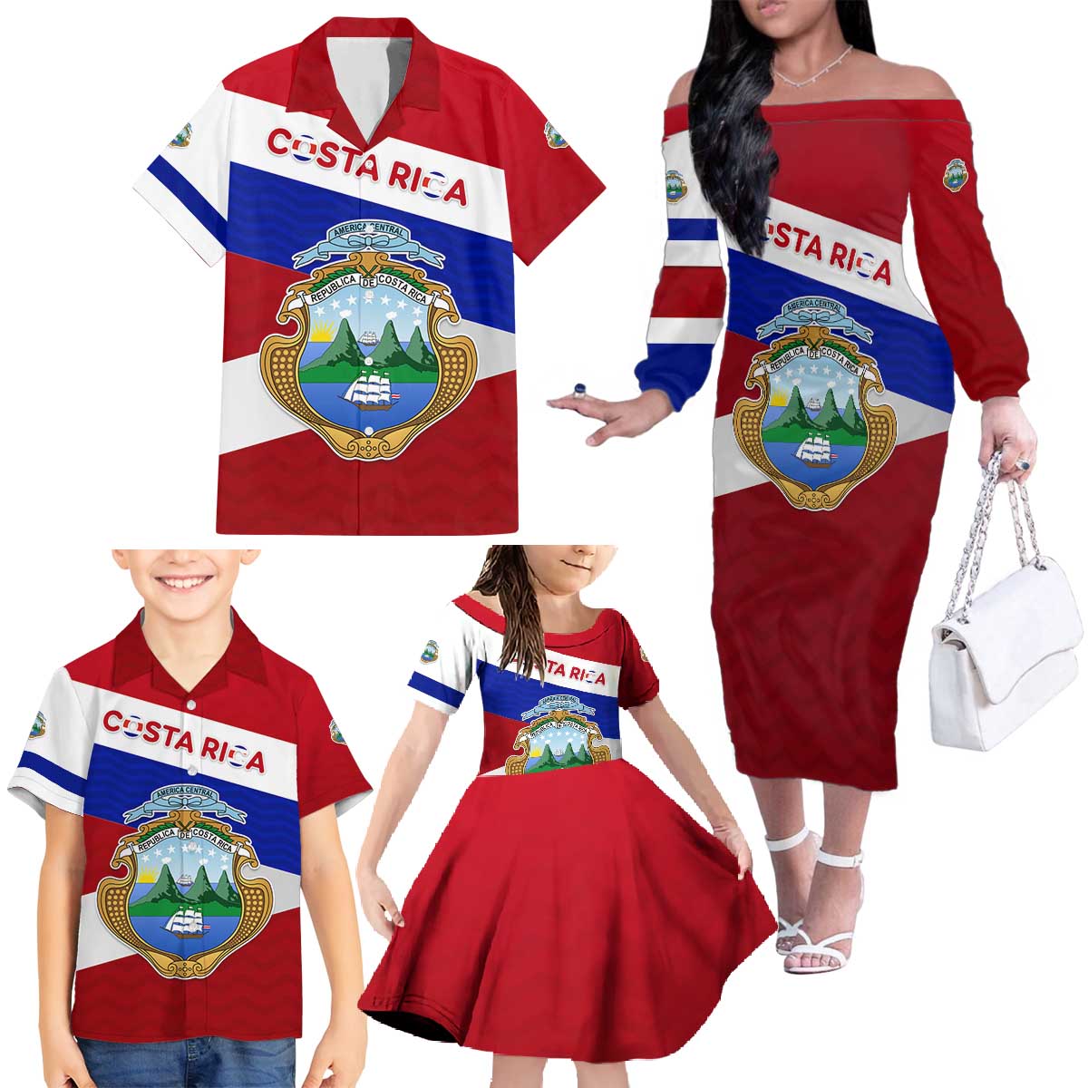 Costa Rica Flag Family Matching Off The Shoulder Long Sleeve Dress and Hawaiian Shirt Red White Blue with National Coat of Arms and Shield Design - Wonder Print Shop