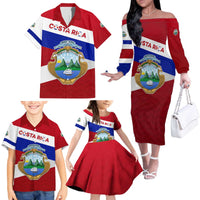 Costa Rica Flag Family Matching Off The Shoulder Long Sleeve Dress and Hawaiian Shirt Red White Blue with National Coat of Arms and Shield Design - Wonder Print Shop