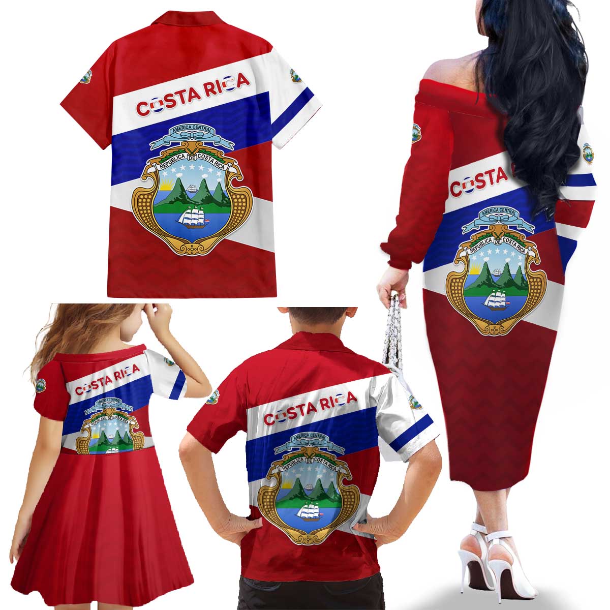 Costa Rica Flag Family Matching Off The Shoulder Long Sleeve Dress and Hawaiian Shirt Red White Blue with National Coat of Arms and Shield Design - Wonder Print Shop