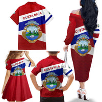 Costa Rica Flag Family Matching Off The Shoulder Long Sleeve Dress and Hawaiian Shirt Red White Blue with National Coat of Arms and Shield Design - Wonder Print Shop