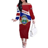 Costa Rica Flag Family Matching Off The Shoulder Long Sleeve Dress and Hawaiian Shirt Red White Blue with National Coat of Arms and Shield Design - Wonder Print Shop