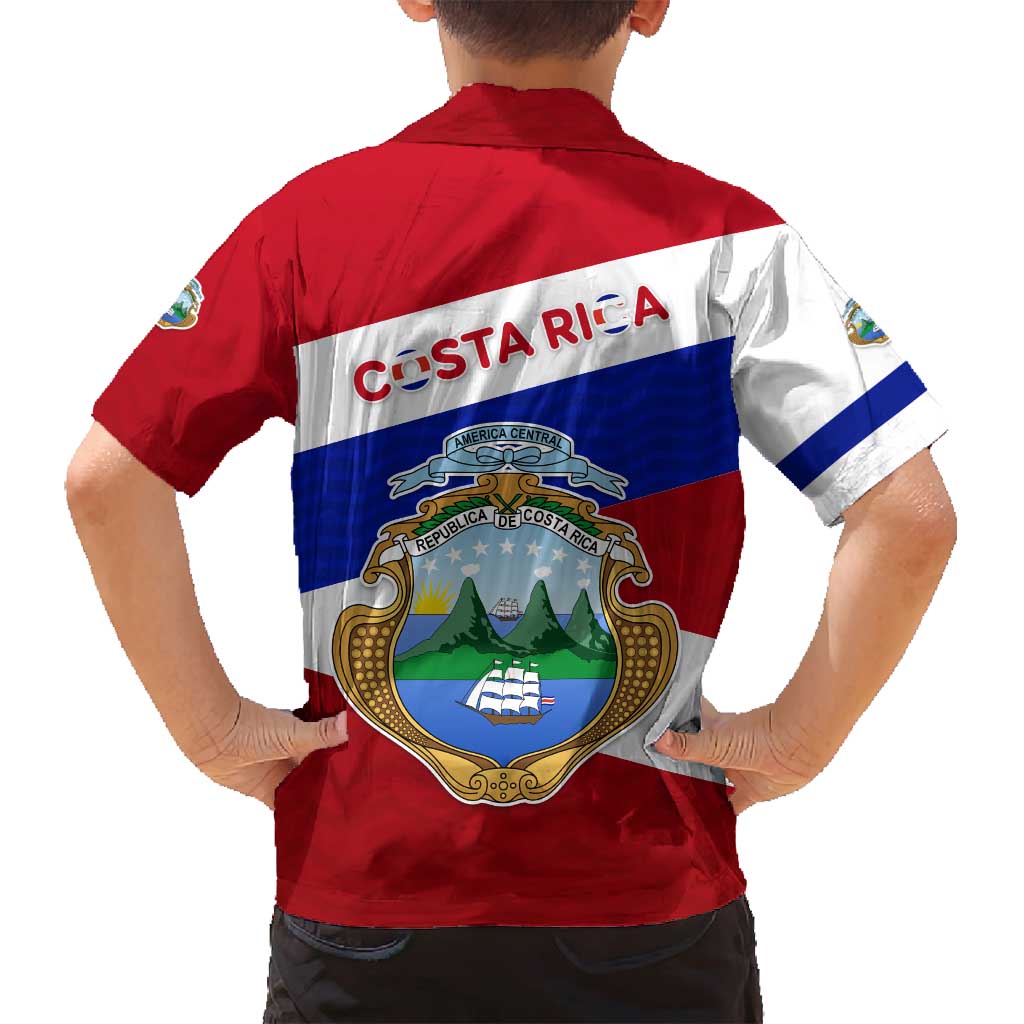 Costa Rica Flag Family Matching Off Shoulder Maxi Dress and Hawaiian Shirt Red White Blue with National Coat of Arms and Shield Design - Wonder Print Shop