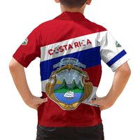 Costa Rica Flag Family Matching Off Shoulder Maxi Dress and Hawaiian Shirt Red White Blue with National Coat of Arms and Shield Design - Wonder Print Shop