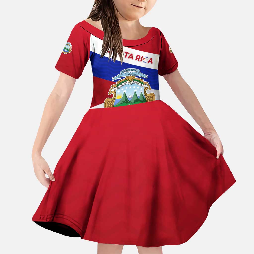 Costa Rica Flag Family Matching Off Shoulder Maxi Dress and Hawaiian Shirt Red White Blue with National Coat of Arms and Shield Design - Wonder Print Shop