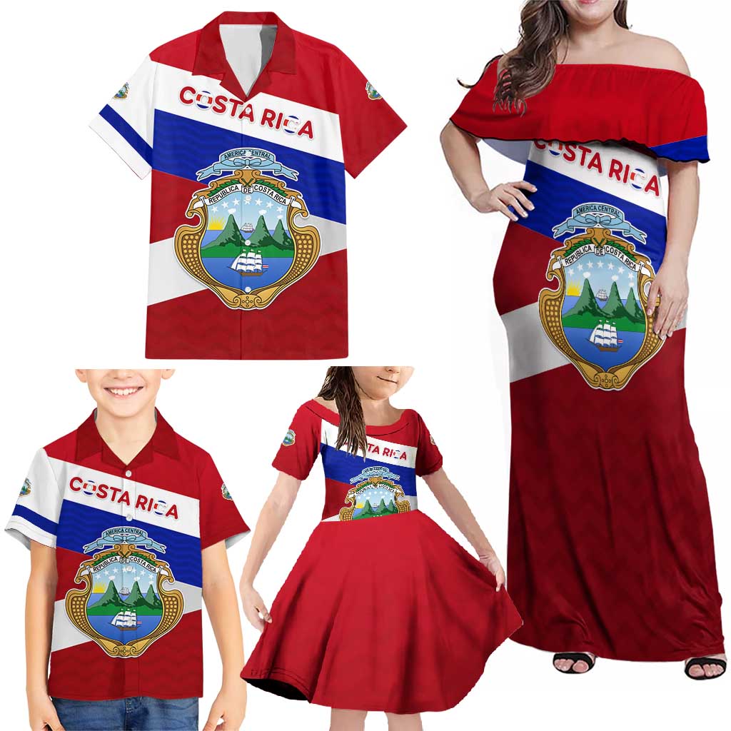 Costa Rica Flag Family Matching Off Shoulder Maxi Dress and Hawaiian Shirt Red White Blue with National Coat of Arms and Shield Design - Wonder Print Shop