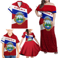 Costa Rica Flag Family Matching Off Shoulder Maxi Dress and Hawaiian Shirt Red White Blue with National Coat of Arms and Shield Design - Wonder Print Shop