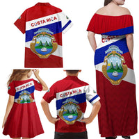 Costa Rica Flag Family Matching Off Shoulder Maxi Dress and Hawaiian Shirt Red White Blue with National Coat of Arms and Shield Design - Wonder Print Shop