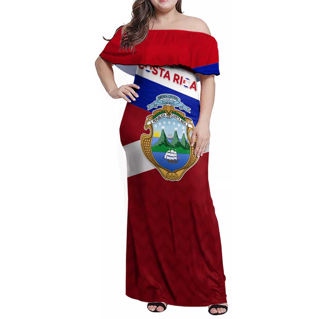 Costa Rica Flag Family Matching Off Shoulder Maxi Dress and Hawaiian Shirt Red White Blue with National Coat of Arms and Shield Design - Wonder Print Shop