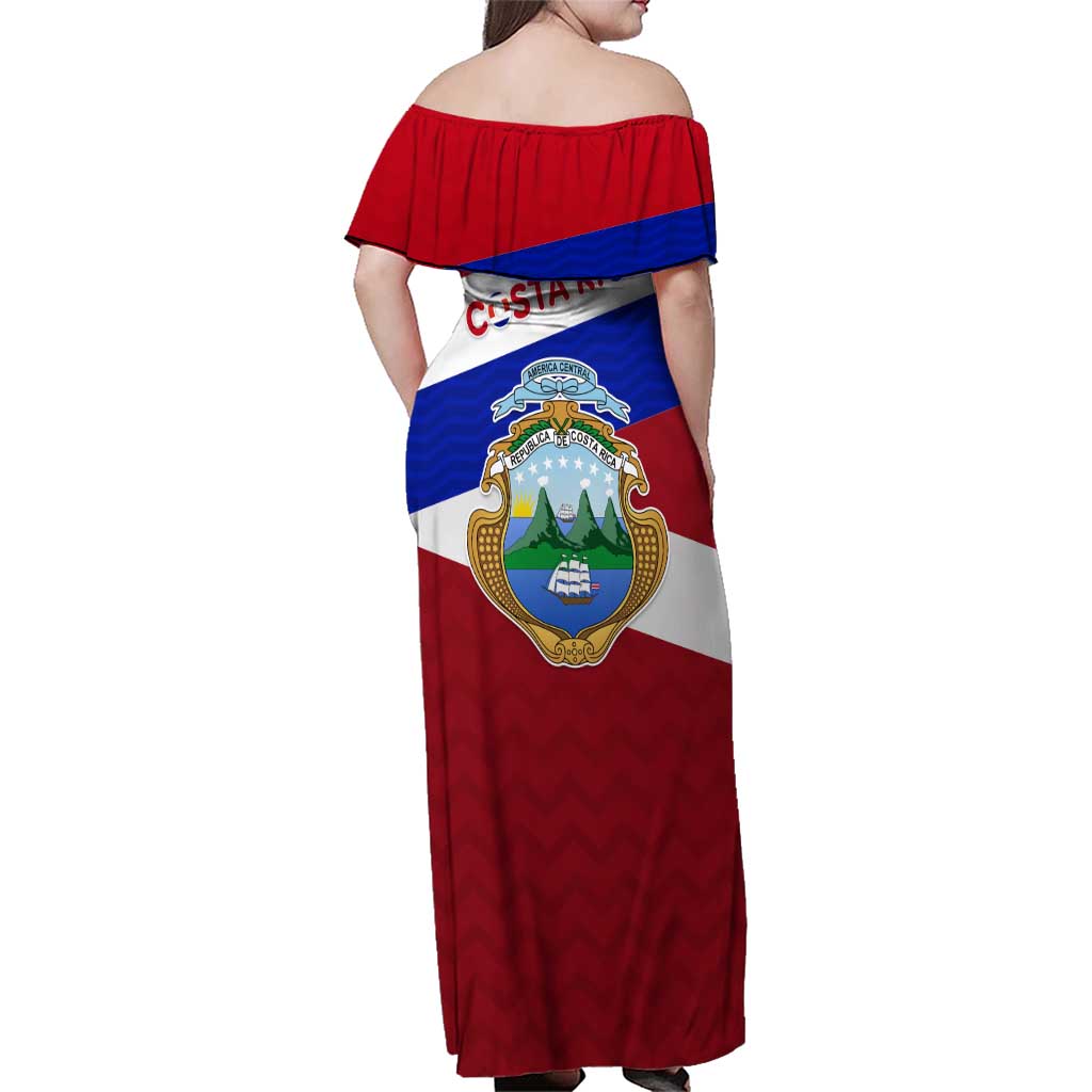 Costa Rica Flag Family Matching Off Shoulder Maxi Dress and Hawaiian Shirt Red White Blue with National Coat of Arms and Shield Design - Wonder Print Shop
