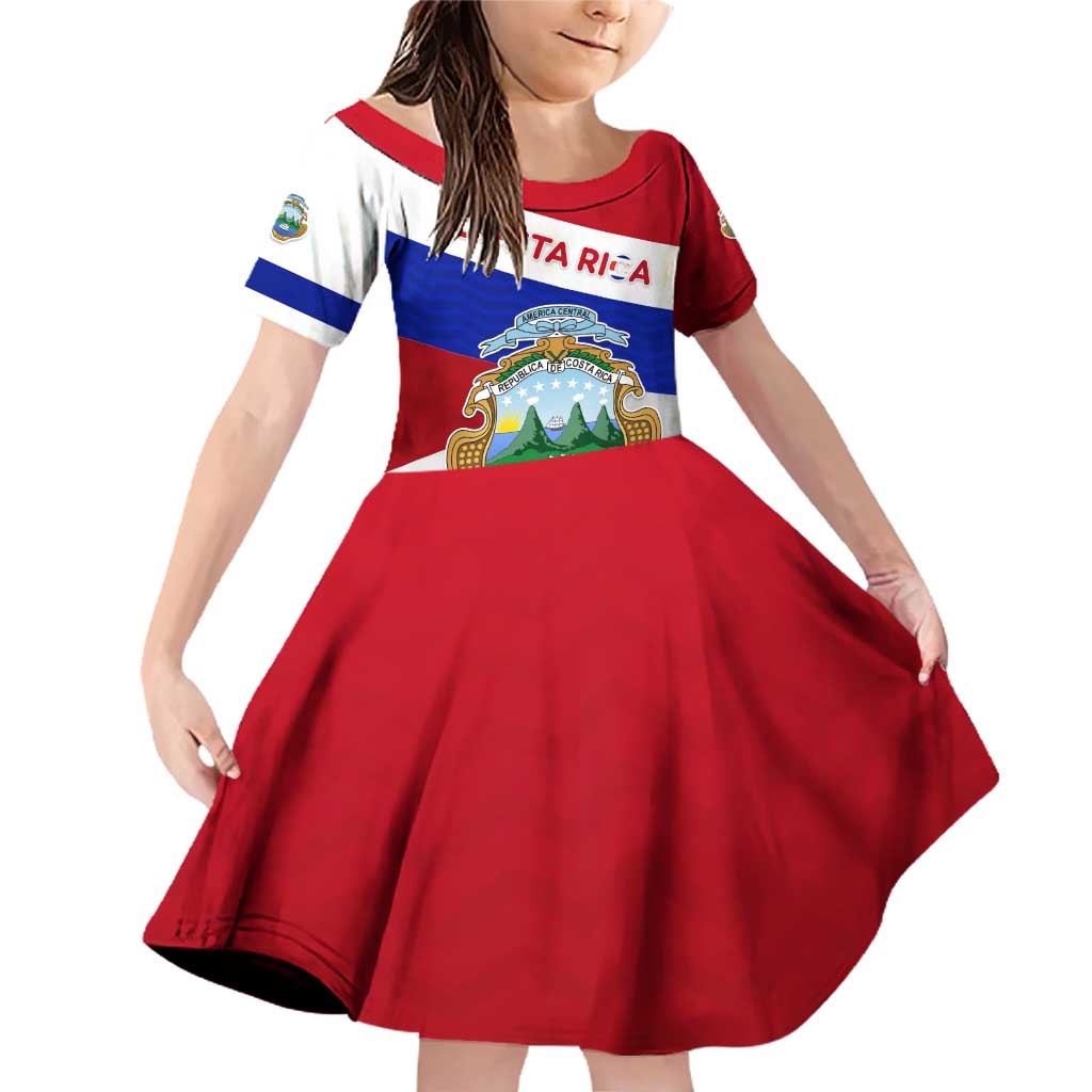 Costa Rica Flag Family Matching Off Shoulder Short Dress and Hawaiian Shirt Red White Blue with National Coat of Arms and Shield Design - Wonder Print Shop