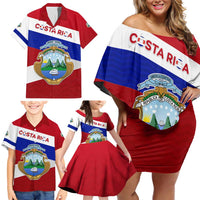 Costa Rica Flag Family Matching Off Shoulder Short Dress and Hawaiian Shirt Red White Blue with National Coat of Arms and Shield Design - Wonder Print Shop