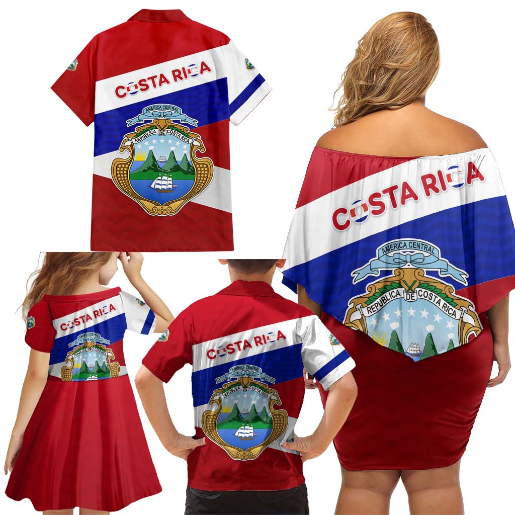 Costa Rica Flag Family Matching Off Shoulder Short Dress and Hawaiian Shirt Red White Blue with National Coat of Arms and Shield Design - Wonder Print Shop