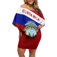 Costa Rica Flag Family Matching Off Shoulder Short Dress and Hawaiian Shirt Red White Blue with National Coat of Arms and Shield Design - Wonder Print Shop