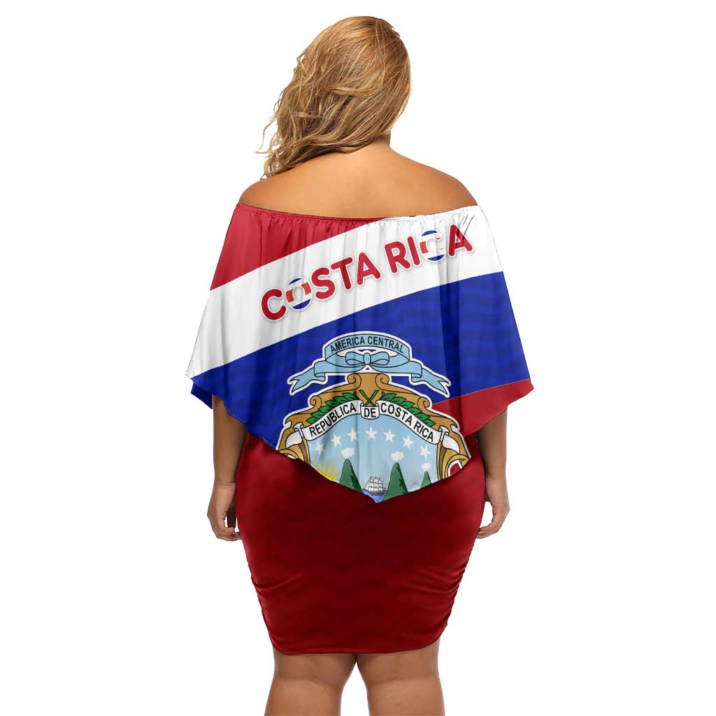 Costa Rica Flag Family Matching Off Shoulder Short Dress and Hawaiian Shirt Red White Blue with National Coat of Arms and Shield Design - Wonder Print Shop