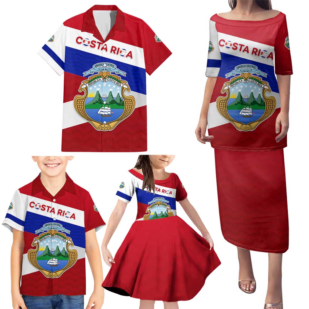 Costa Rica Flag Family Matching Puletasi and Hawaiian Shirt Red White Blue with National Coat of Arms and Shield Design - Wonder Print Shop