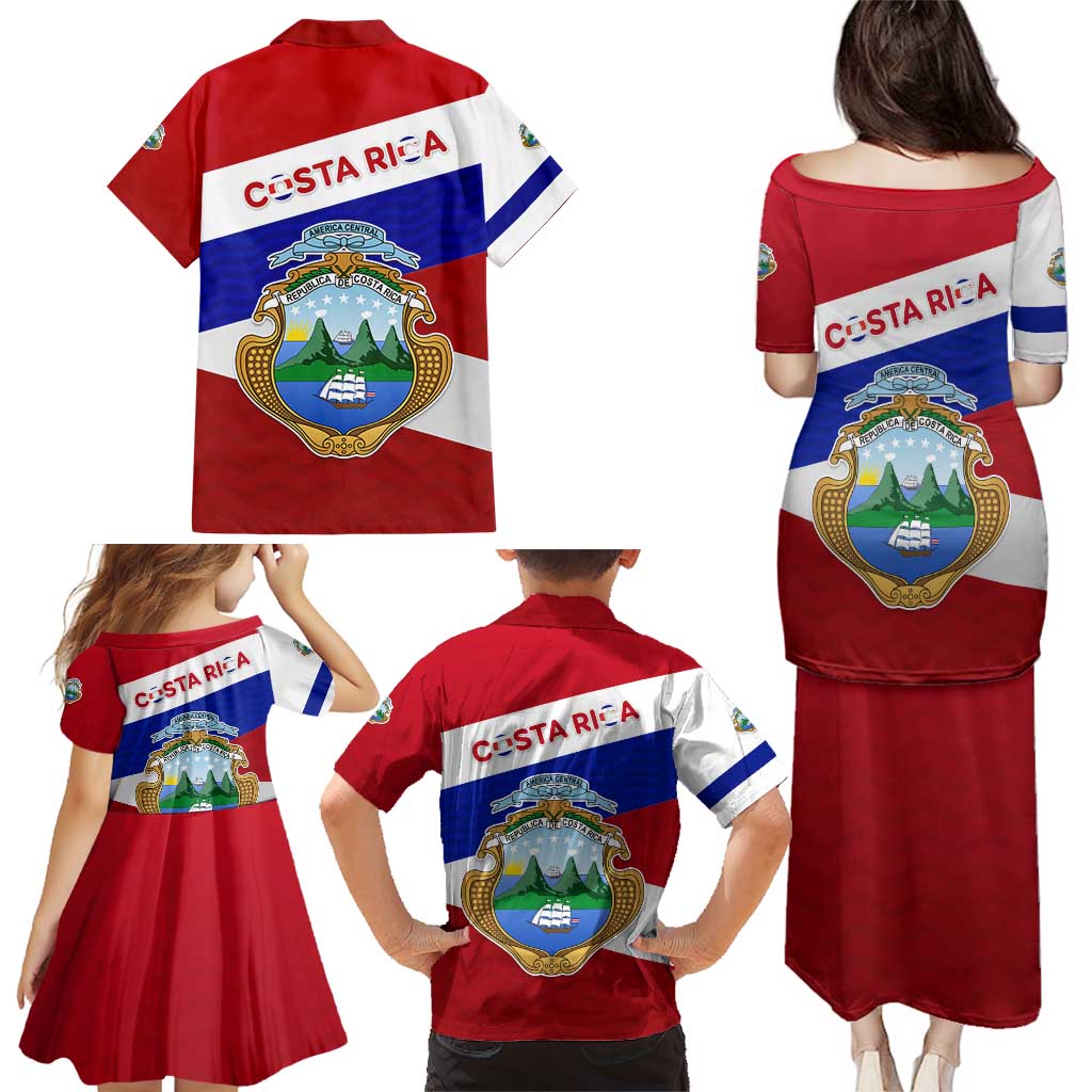 Costa Rica Flag Family Matching Puletasi and Hawaiian Shirt Red White Blue with National Coat of Arms and Shield Design - Wonder Print Shop