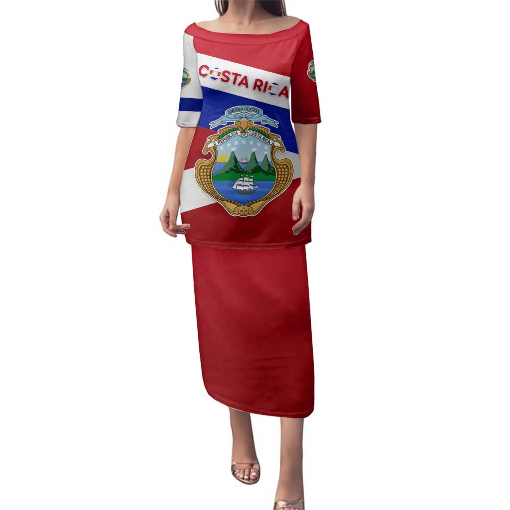 Costa Rica Flag Family Matching Puletasi and Hawaiian Shirt Red White Blue with National Coat of Arms and Shield Design - Wonder Print Shop