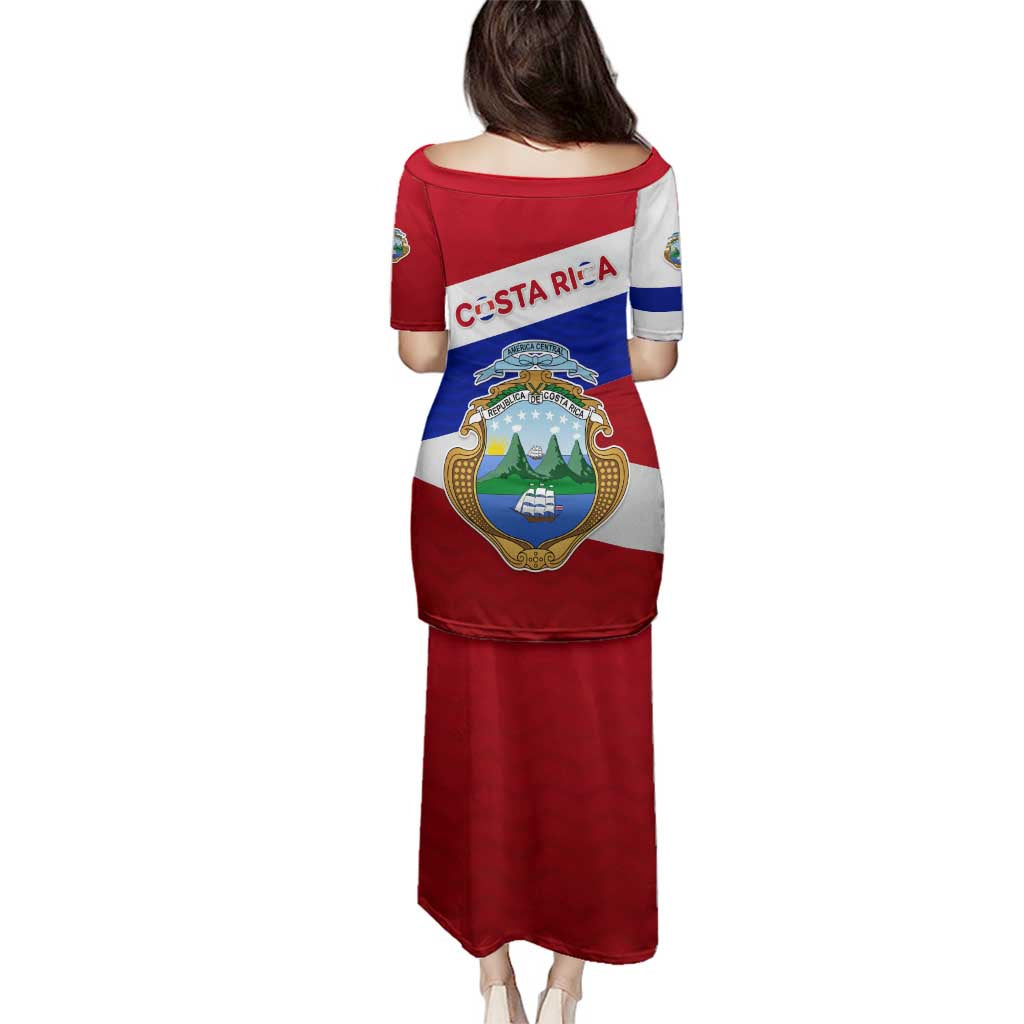 Costa Rica Flag Family Matching Puletasi and Hawaiian Shirt Red White Blue with National Coat of Arms and Shield Design - Wonder Print Shop