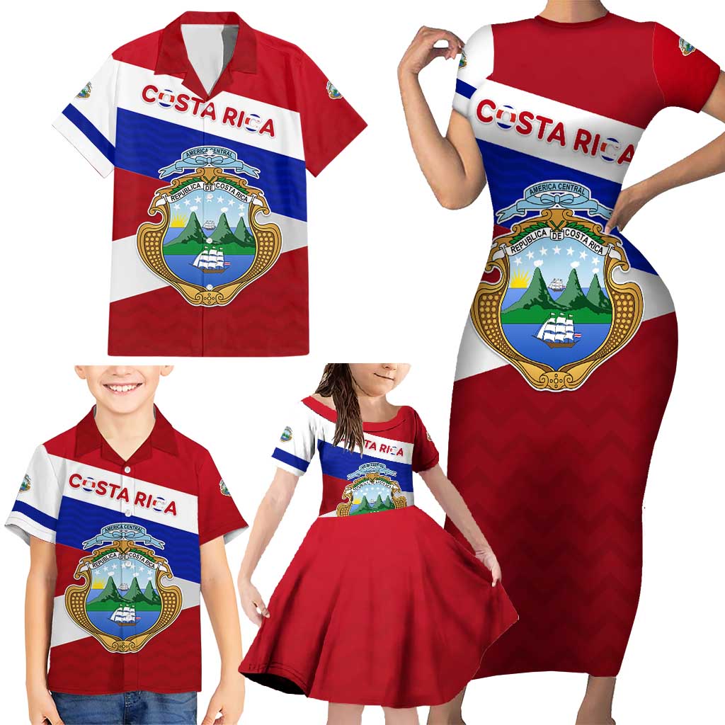 Costa Rica Flag Family Matching Short Sleeve Bodycon Dress and Hawaiian Shirt Red White Blue with National Coat of Arms and Shield Design - Wonder Print Shop