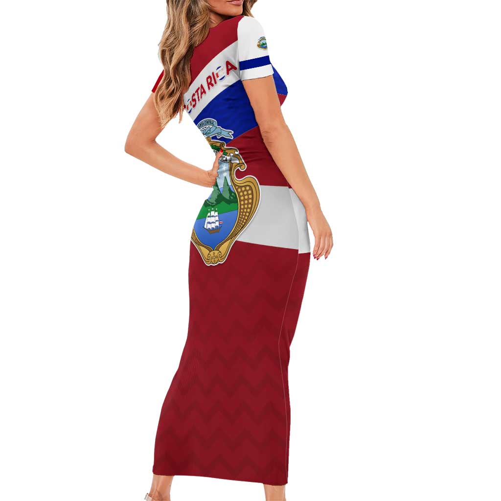 Costa Rica Flag Family Matching Short Sleeve Bodycon Dress and Hawaiian Shirt Red White Blue with National Coat of Arms and Shield Design - Wonder Print Shop