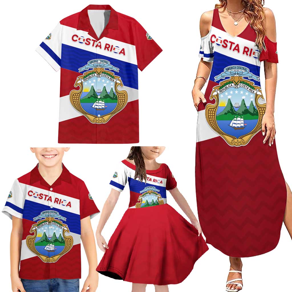 Costa Rica Flag Family Matching Summer Maxi Dress and Hawaiian Shirt Red White Blue with National Coat of Arms and Shield Design - Wonder Print Shop
