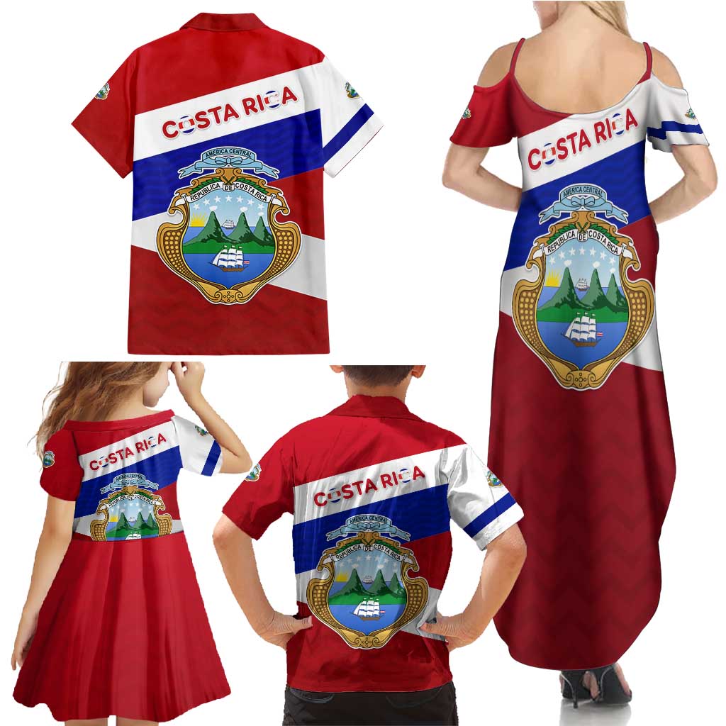 Costa Rica Flag Family Matching Summer Maxi Dress and Hawaiian Shirt Red White Blue with National Coat of Arms and Shield Design - Wonder Print Shop