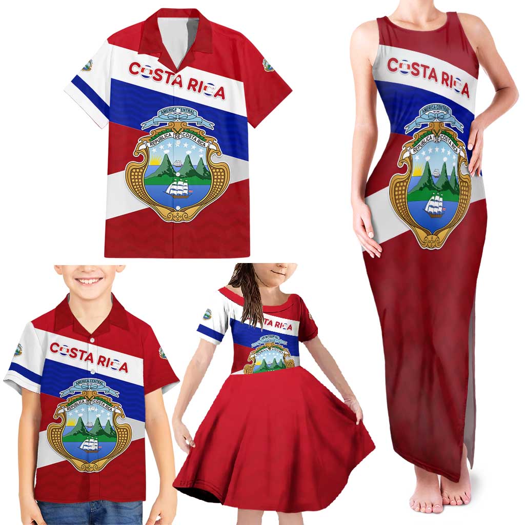 Costa Rica Flag Family Matching Tank Maxi Dress and Hawaiian Shirt Red White Blue with National Coat of Arms and Shield Design - Wonder Print Shop