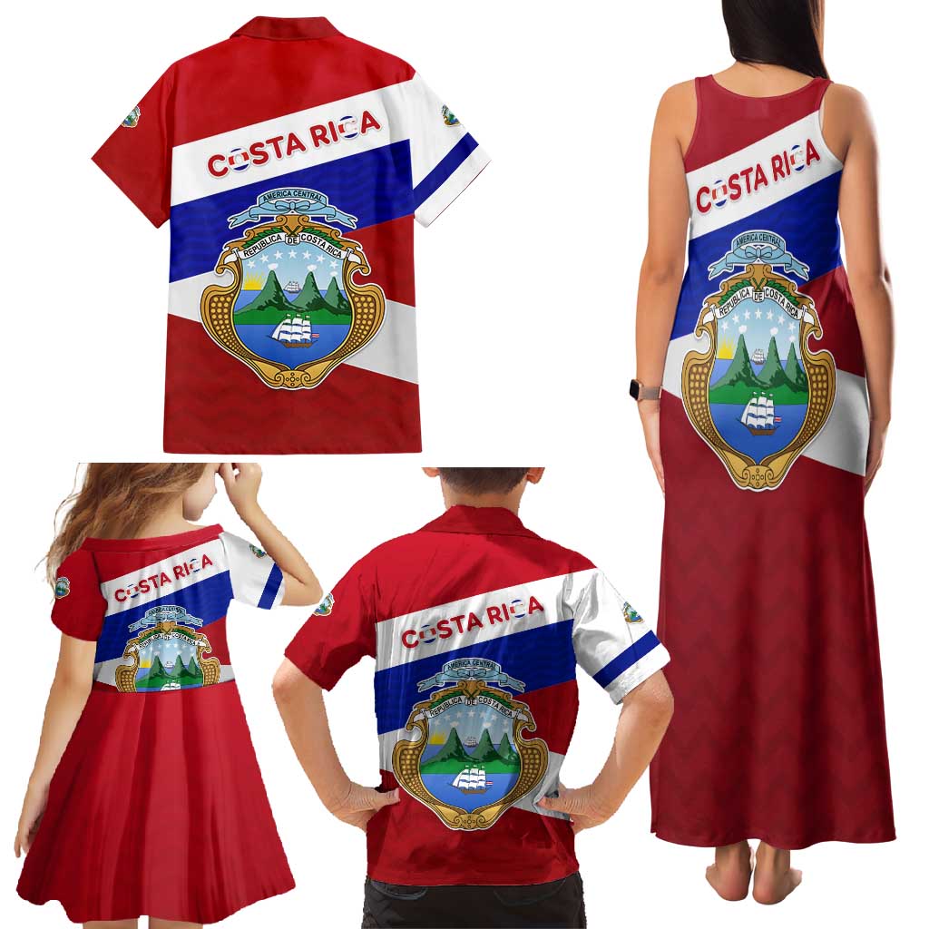 Costa Rica Flag Family Matching Tank Maxi Dress and Hawaiian Shirt Red White Blue with National Coat of Arms and Shield Design - Wonder Print Shop