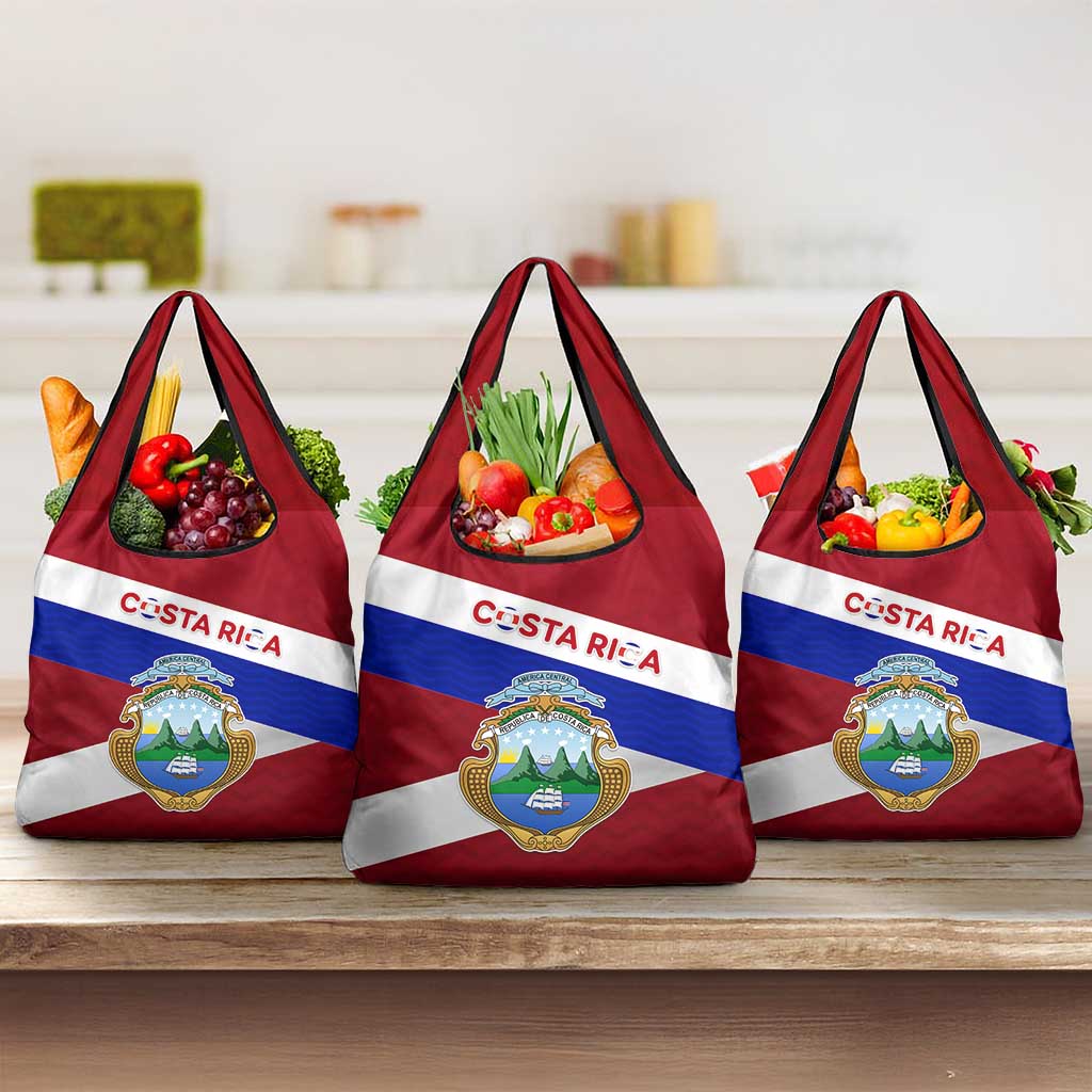 Costa Rica Flag Grocery Bag Red White Blue with National Coat of Arms and Shield Design - Wonder Print Shop