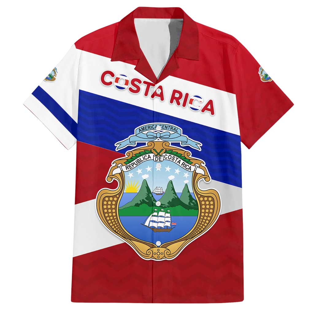 Costa Rica Flag Hawaiian Shirt Red White Blue with National Coat of Arms and Shield Design - Wonder Print Shop