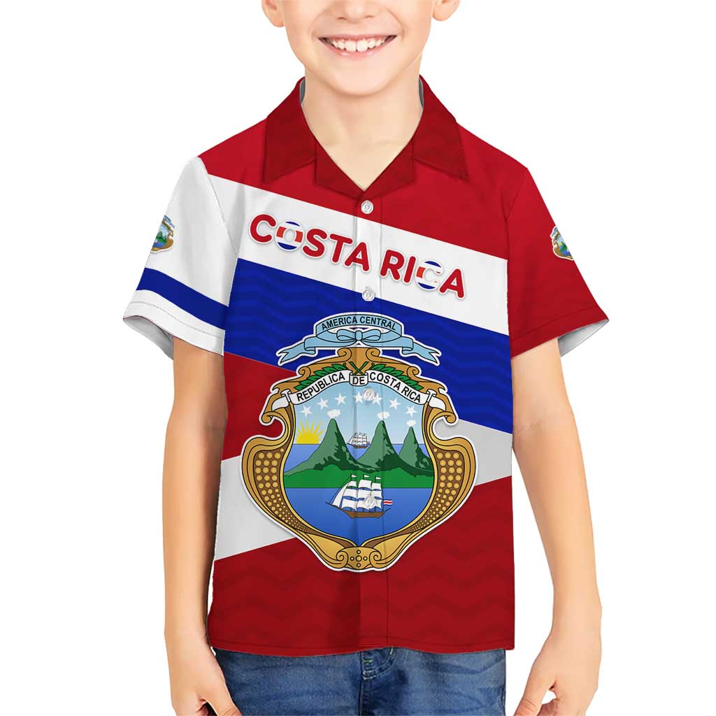 Costa Rica Flag Hawaiian Shirt Red White Blue with National Coat of Arms and Shield Design - Wonder Print Shop